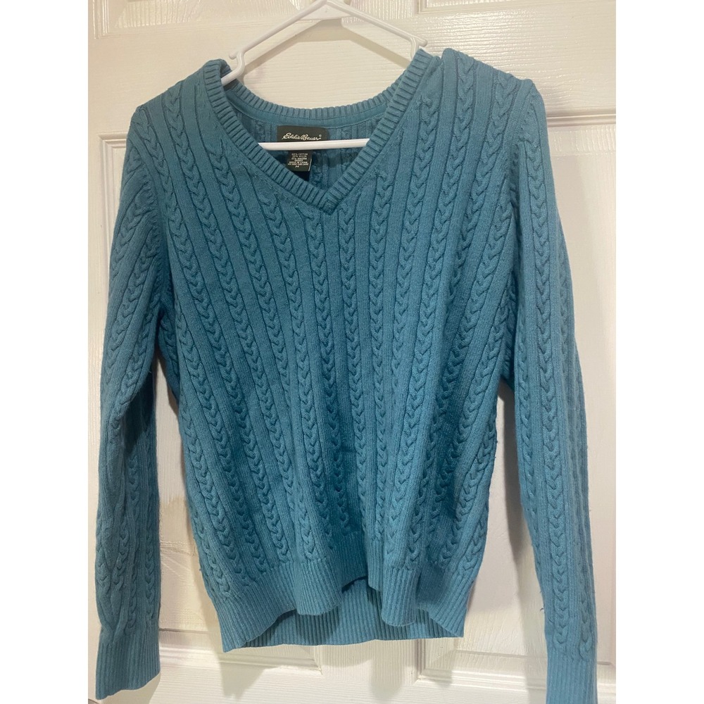 #386 Teal Women Eddie Bauer Cable Knit V-Neck Sweater